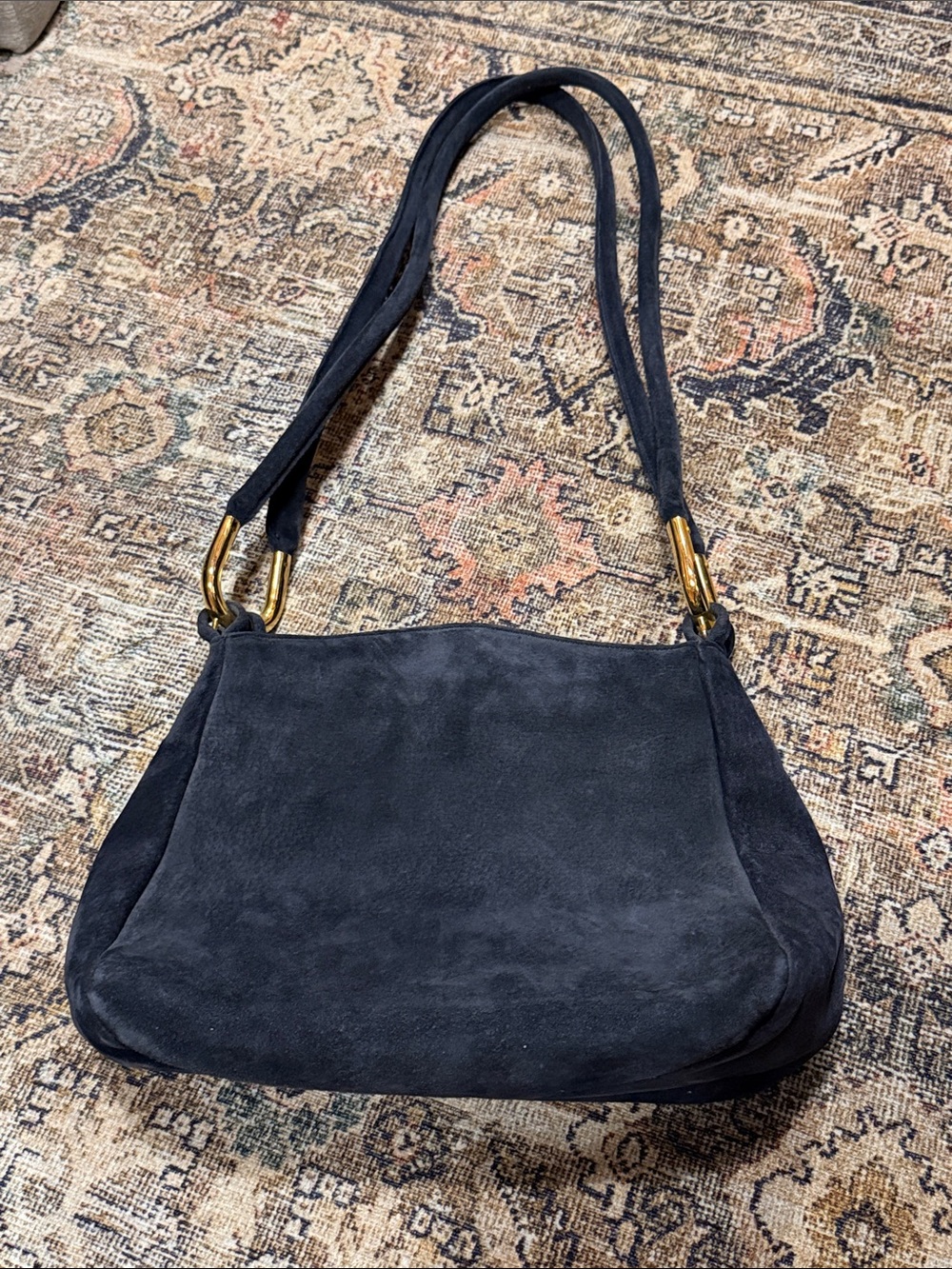 Vintage Suede Shoulder Bag in Dark Navy with Gold Hardware